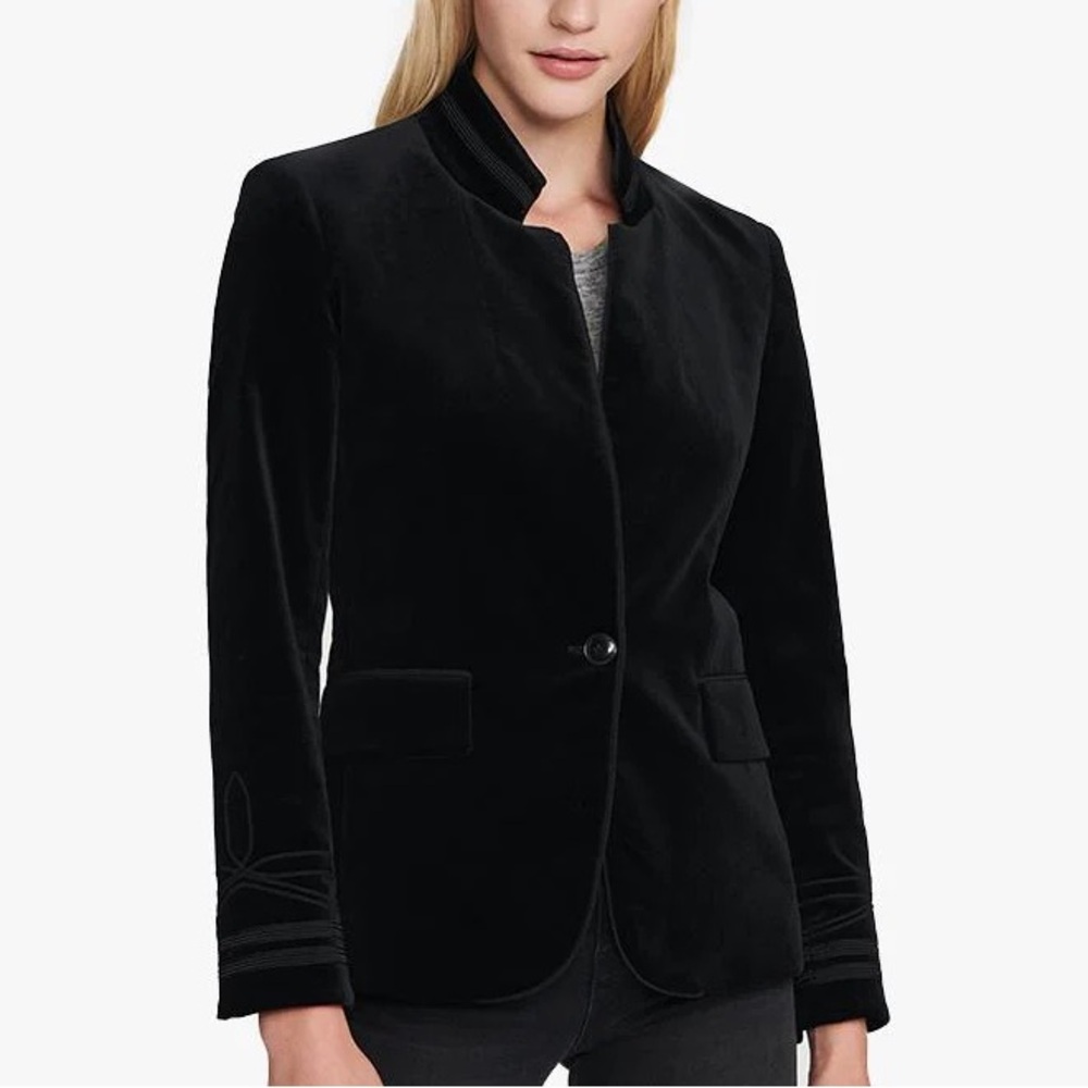 FRAME Black Velvet Stand Collar Soutache Blazer Jacket Size 8